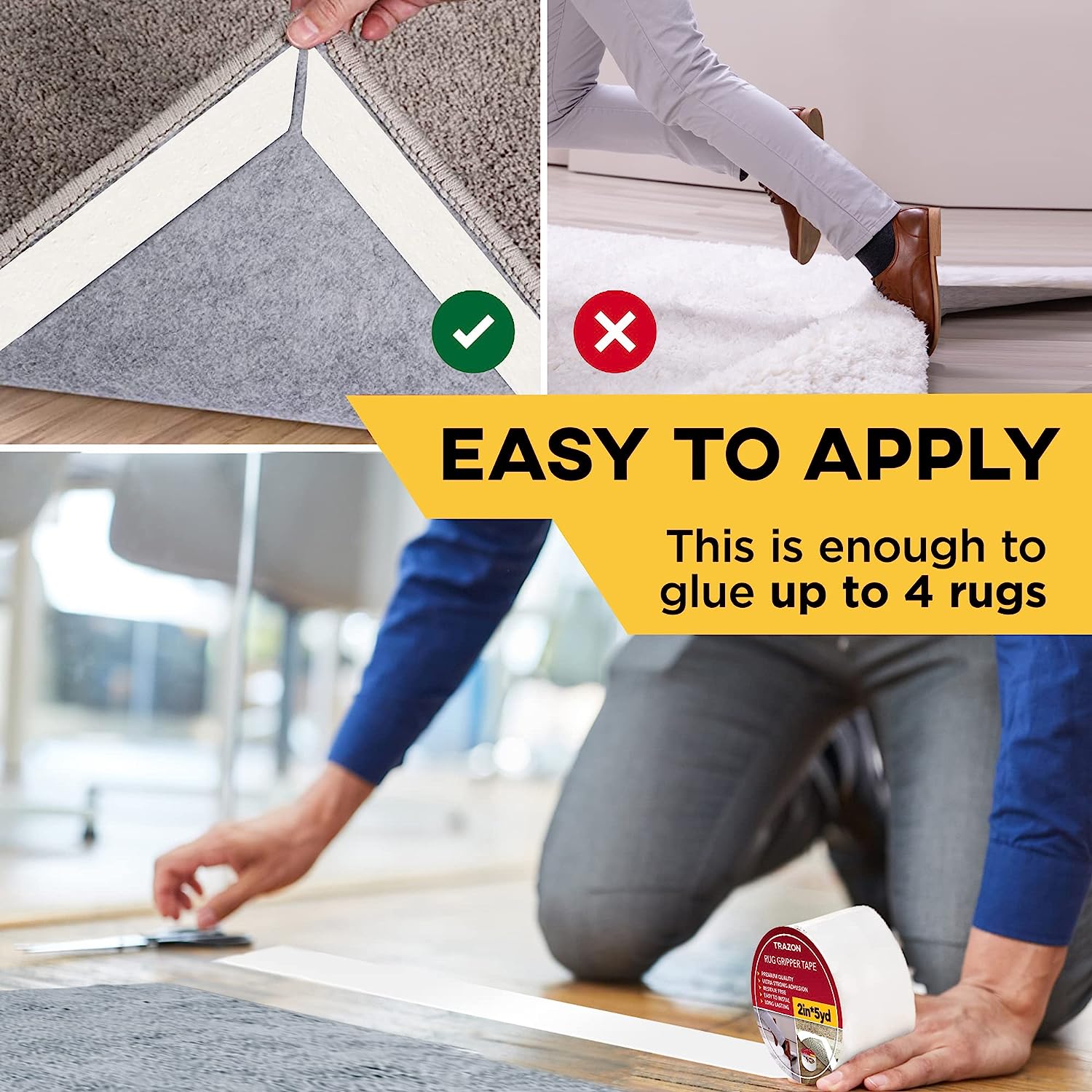 Trazon Carpet Tape Double Sided - Rug Tape Grippers for Hardwood Floors and Area Rugs - Carpet Binding Tape Strong Adhesive and Removable, Heavy Duty Stickers Tape, Residue Free (2 Inch / 5 Yards) - Image 3